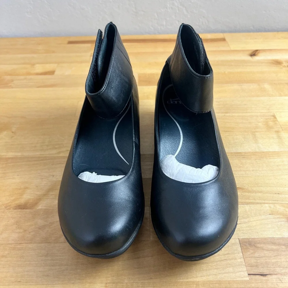 Dansko Shoes Lulu Size 37 Black Leather Ankle Strap Wedge Mary Jane Hook Loop